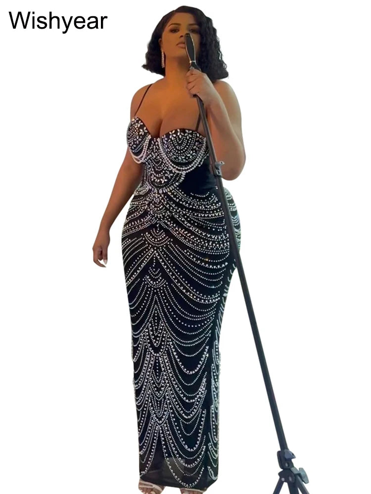 M&T Wear - New Luxury Sparkly Crystal Rhinestone Pearl Celebrities Gown Brown Dress Woman Strap Evening Party Birthday Prom Wedding Vestido
