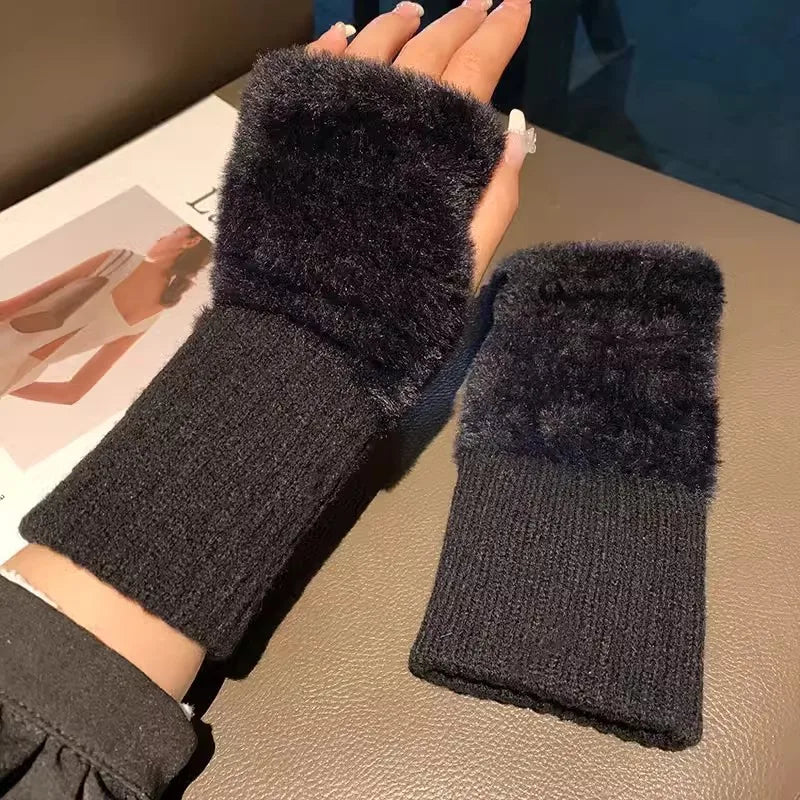 M&T Wear - Soft Winter Half Finger Gloves Women Warm Luxury Solid White Plush Knitted Fingerless Gloves Wrist Mittens Writting