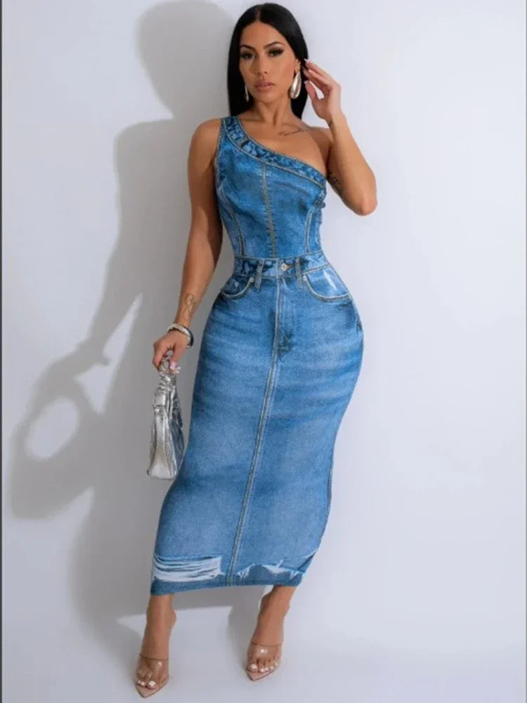 M&T Wear- Fake Denim 3D Print One Shoulder Bodycon Maxi Dress Women 2025 Party Night Sleeveless Clubwear Birthday Long Dresses Vestido