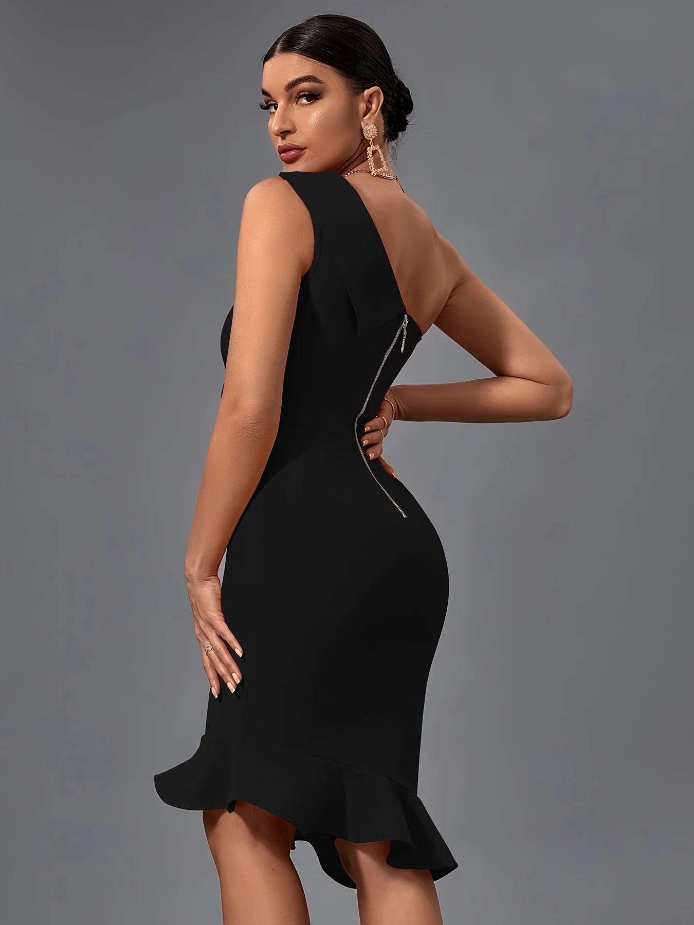 M&T Wear - Mermaid Midi Bandage Dress Women Black Bodycon Dress Evening Party Elegant Sexy One Shoulder Birthday Club Outfit 2023 Summer
