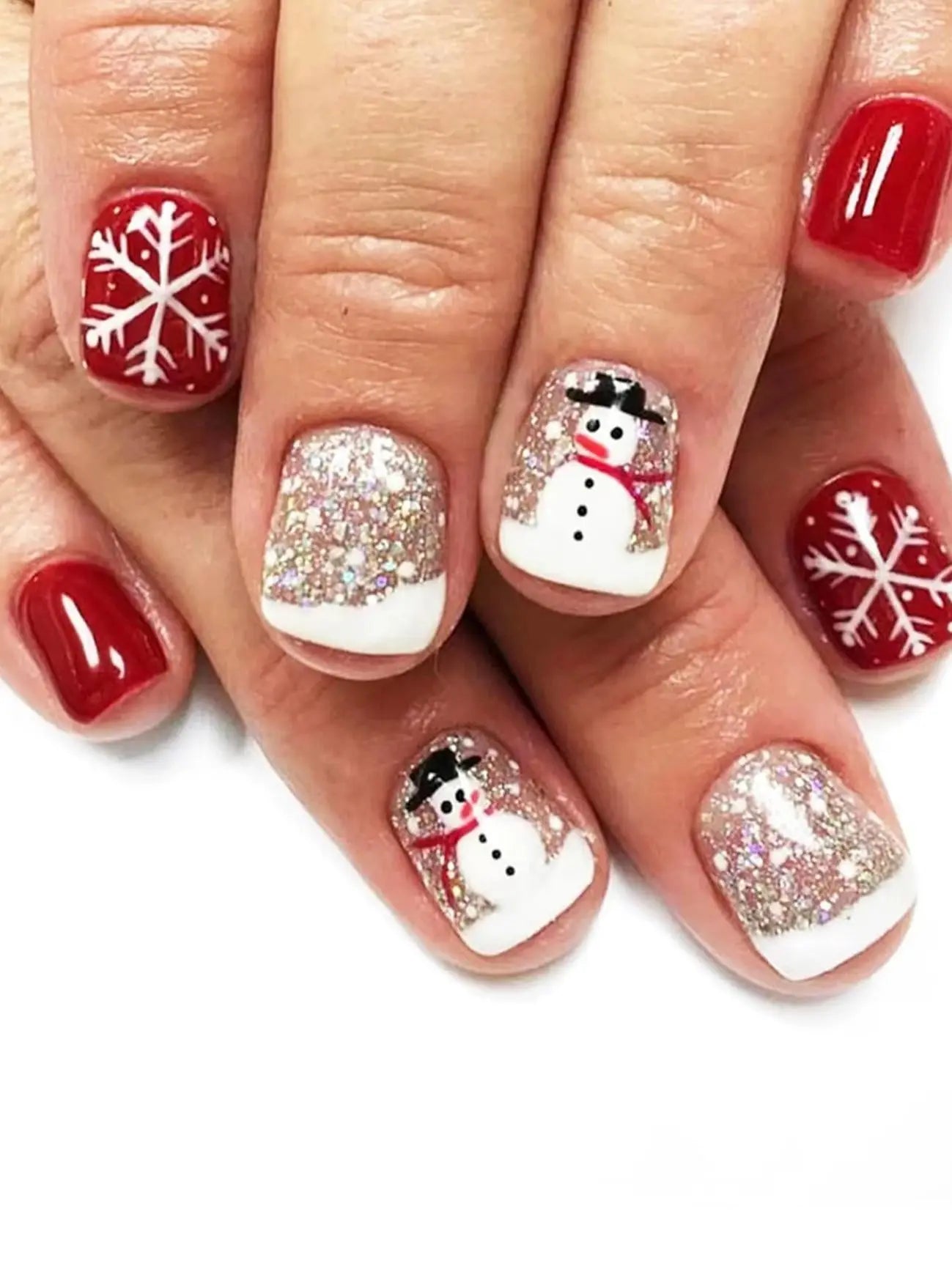 M&T Wear – 24PCS Christmas Red Short Square Fake Nails | Snowflake & Snowman Design