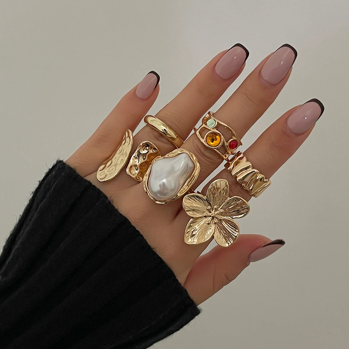 M&T Wear - Irregular Metal Flower & Pearl Ring Set for Women