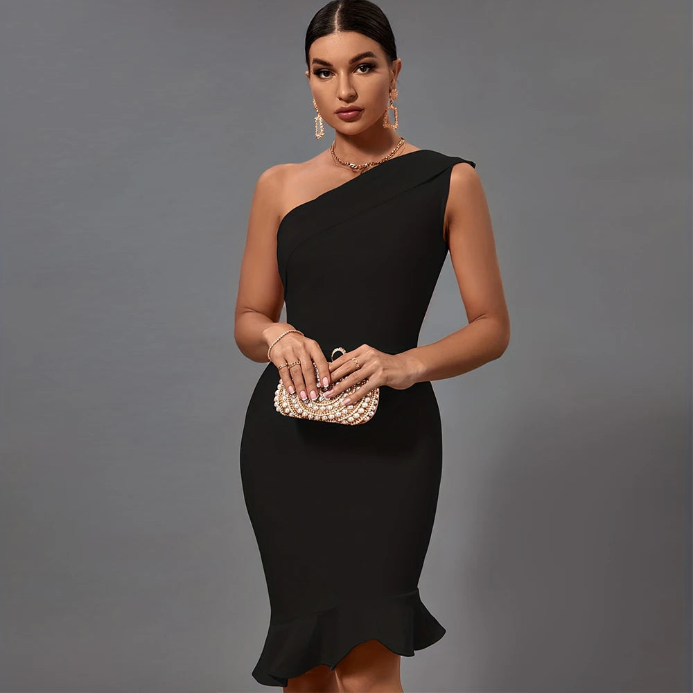 M&T Wear - Mermaid Midi Bandage Dress Women Black Bodycon Dress Evening Party Elegant Sexy One Shoulder Birthday Club Outfit 2023 Summer