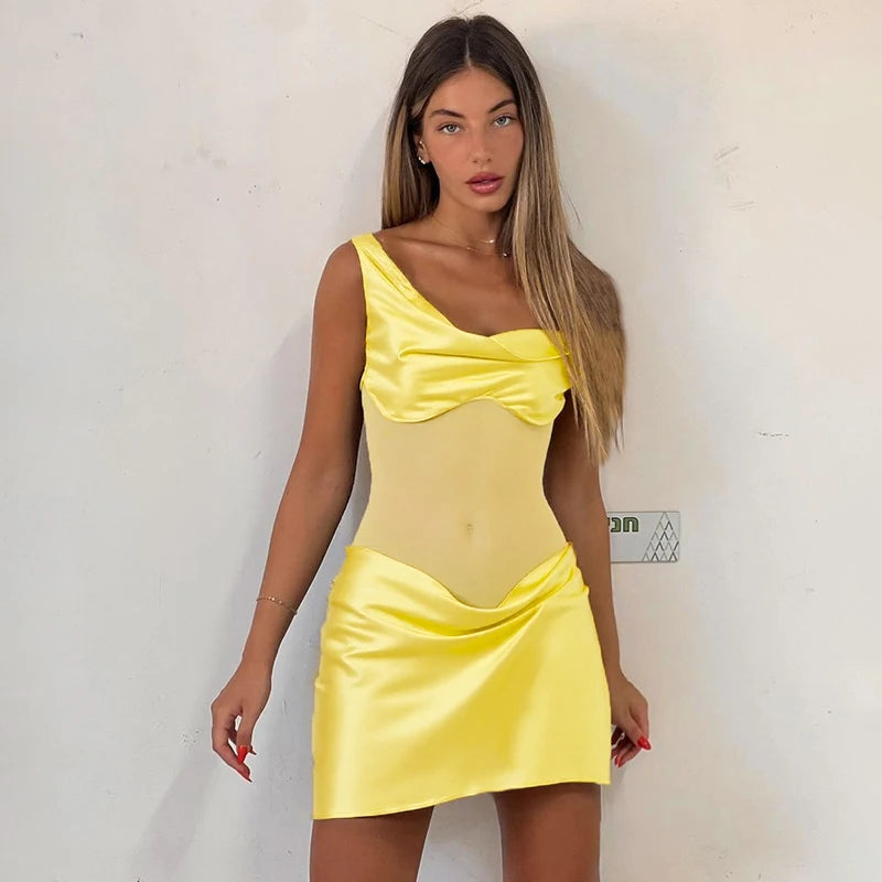 M&T Wear- Women's Summer New Arrival Faux Silk Patchwork Mesh Off-The-Shoulder Sleeveless Bodycon Dress Fashionable Elegant Dress