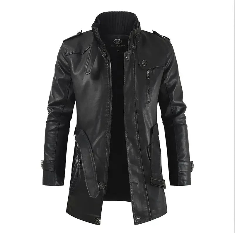 M&T Wear - Biker Jaqueta Winter Men's Thick Fleece Long Leather Jacket Coat mens Outwear Fashion Leather Warm Casual Vintage Jackets