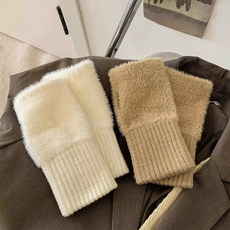 M&T Wear - Soft Winter Half Finger Gloves Women Warm Luxury Solid White Plush Knitted Fingerless Gloves Wrist Mittens Writting