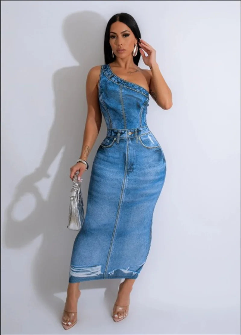 M&T Wear- Fake Denim 3D Print One Shoulder Bodycon Maxi Dress Women 2025 Party Night Sleeveless Clubwear Birthday Long Dresses Vestido