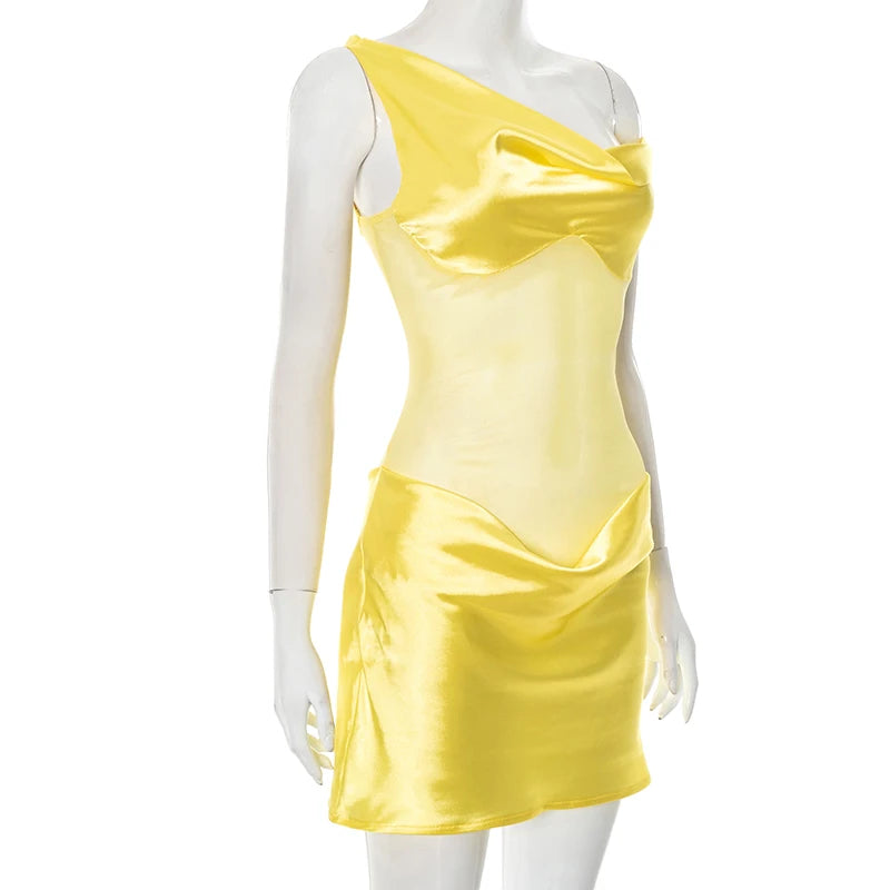 M&T Wear- Women's Summer New Arrival Faux Silk Patchwork Mesh Off-The-Shoulder Sleeveless Bodycon Dress Fashionable Elegant Dress