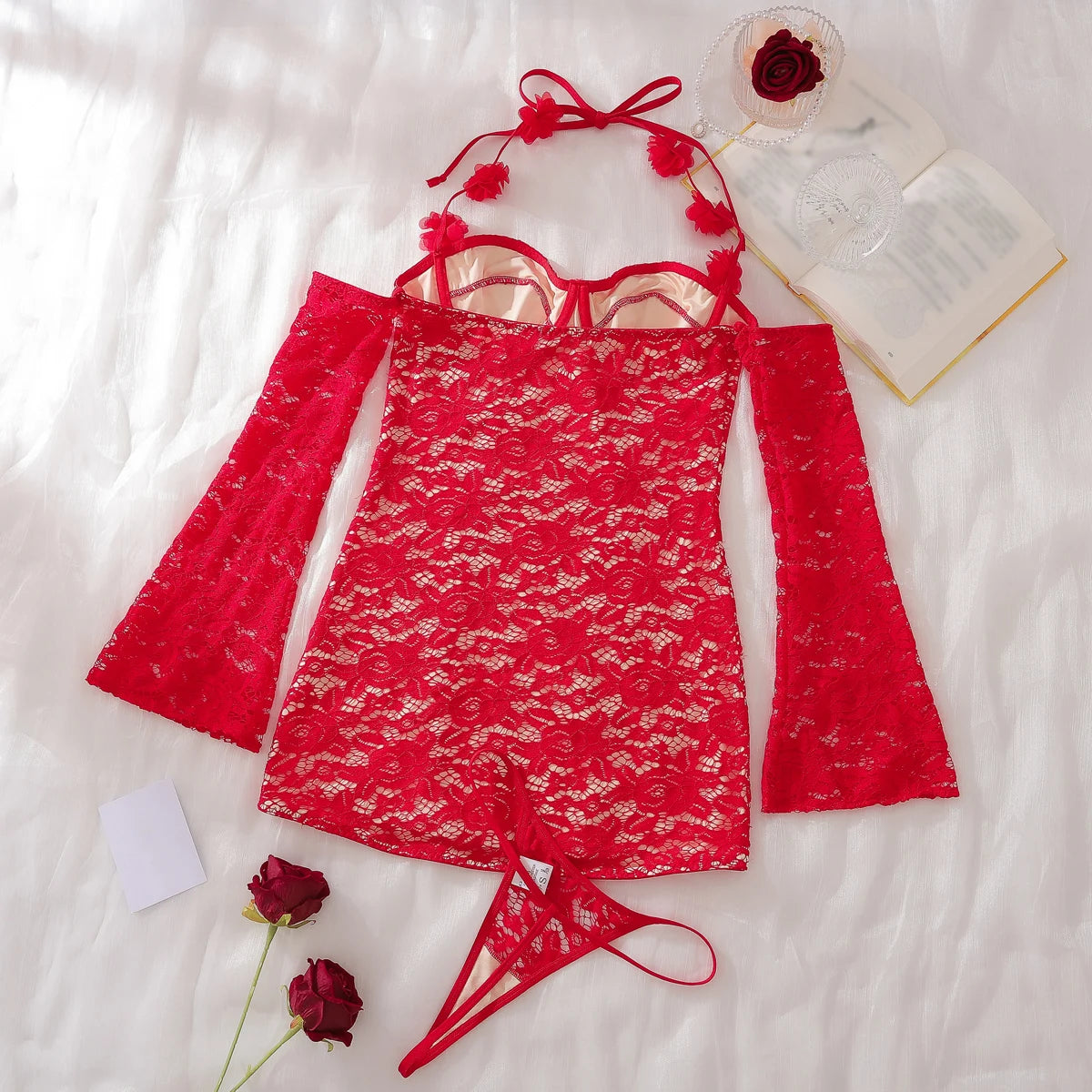 M&T Wear - Fancy Lace Summer Dresses 2025 Flare Sleeve Short Elegant Party Dresses Red Halter FloralLove Luxury Prom Dress