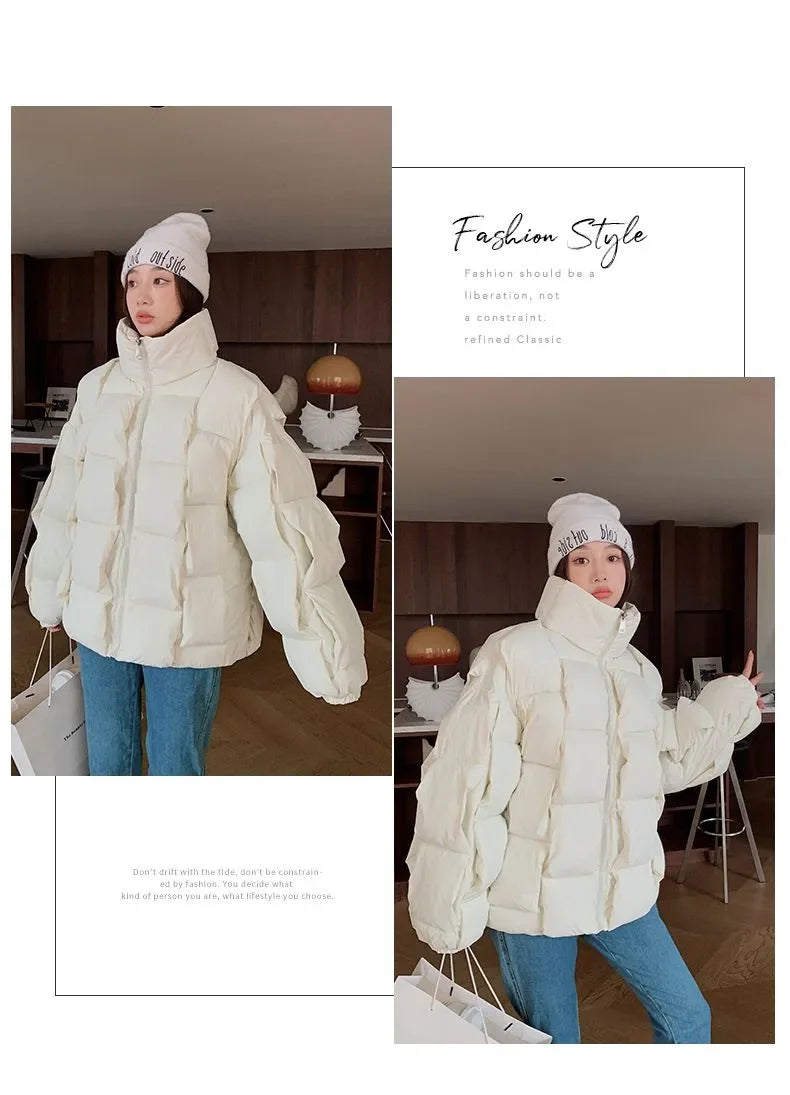 M&T Wear - Winter Jacket for Women Three-dimensional Plaid Woven Fashion Coat Solid High Street Warm and Thick 2023 Winter New Down Jacket