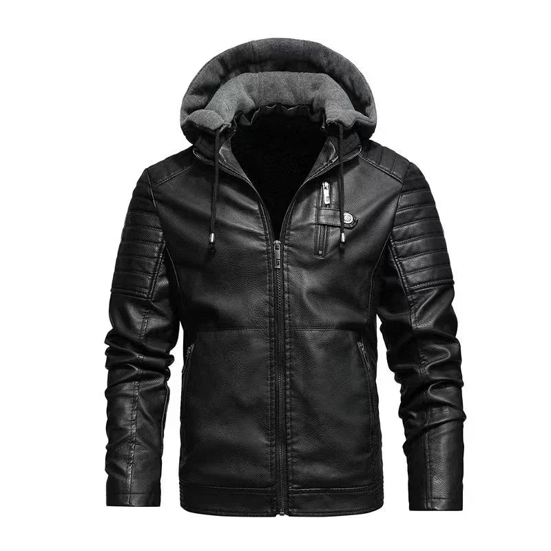 M&T Wear - Faux Leather Jacket Men Fashion Men's Hooded Jackets Autumn Winter Military Style Outwear Zipper Pockets Coat Detachable Hat