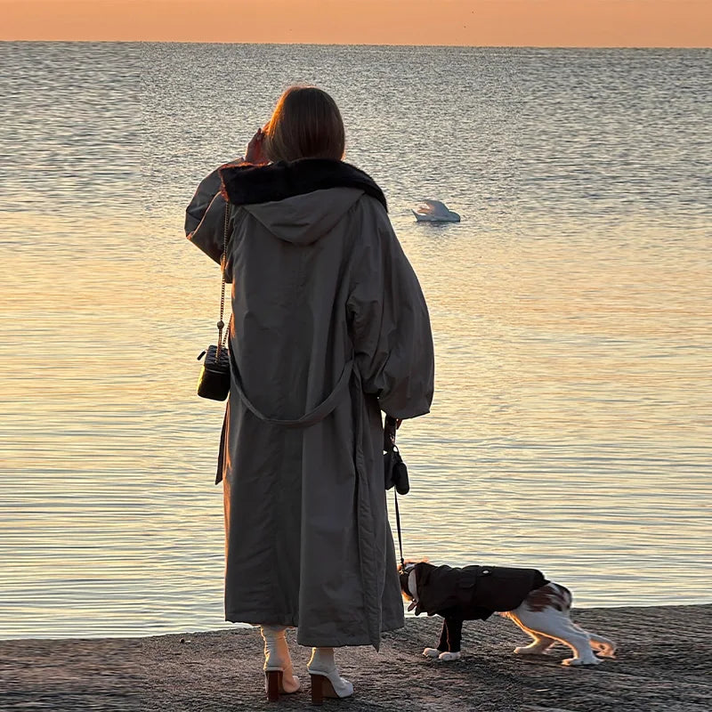 M&T Wear - Oversize Faux Fur Collar Lace-Up Fashion Long Coat