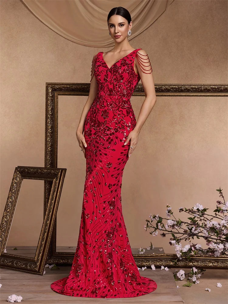 M&T Wear - Elegant Deep V-Neck Red Sequin Formal Evening Dresses Women Beading Wedding Party Mermaid Cocktail Prom Graduation Gown