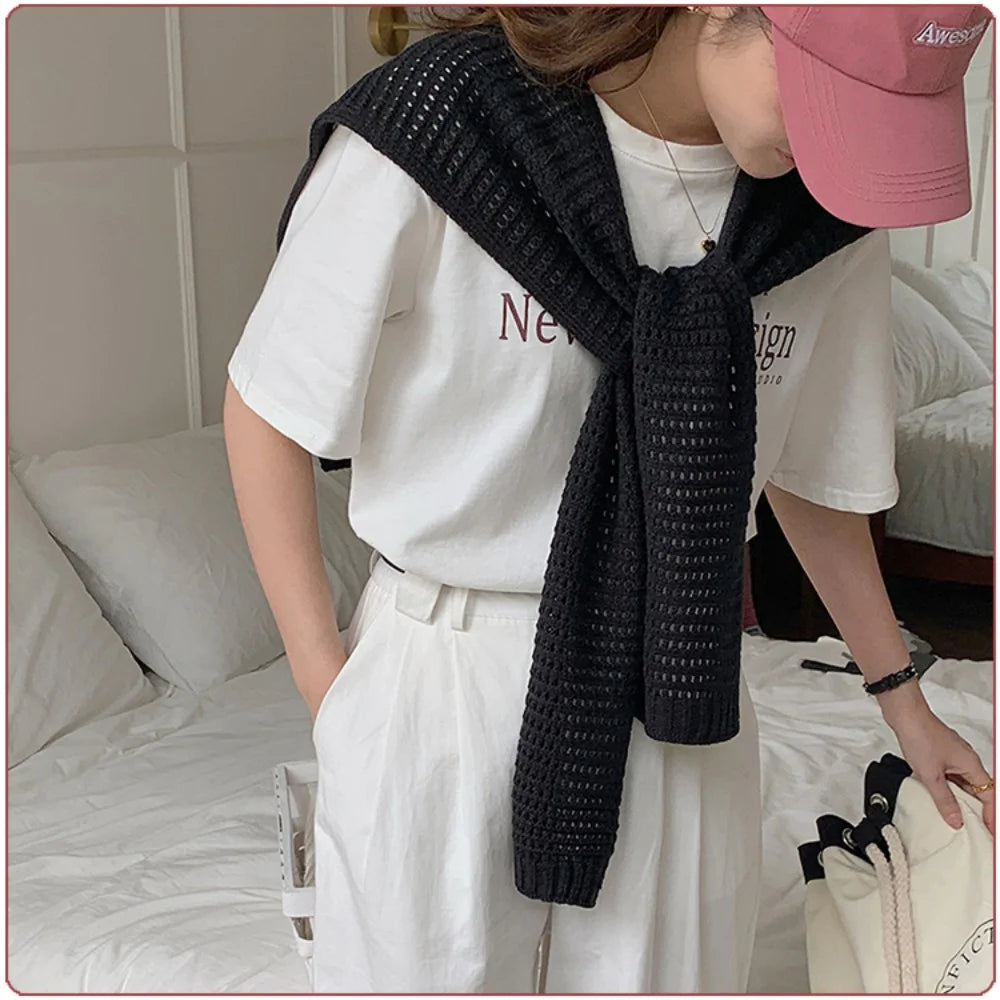M&T Wear - Korean Knitted Shawl Winter Air Conditioning Fake Collar Neck Guard Knit Thin Knotted Cape Shoulder Warm Scarf For Women