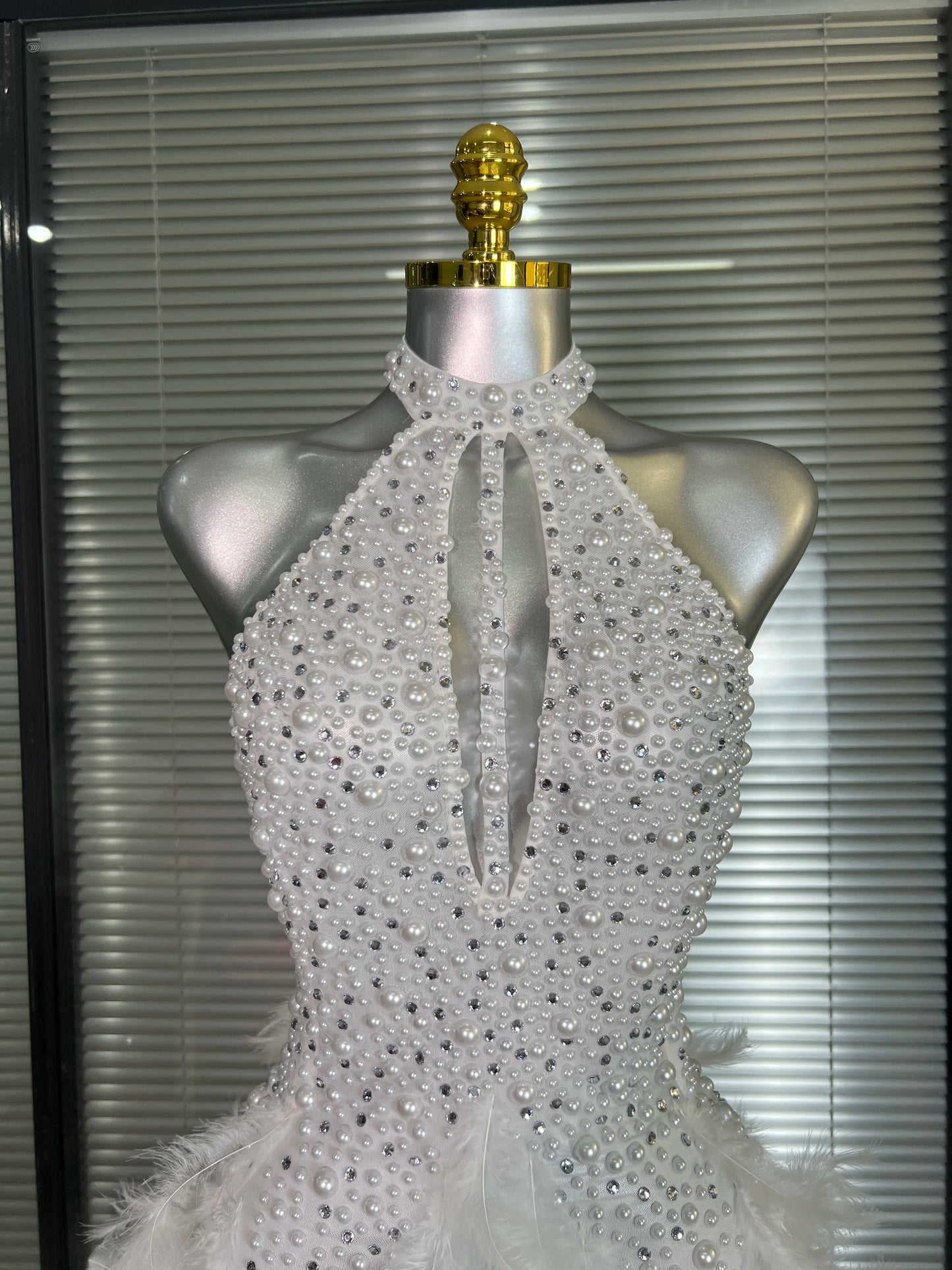 M&T Wear - Women Sexy White Backless Mesh Crystal Diamonds Feathers Performance Costume Stage Dancer Mini Stretchy Night Club Party Dress