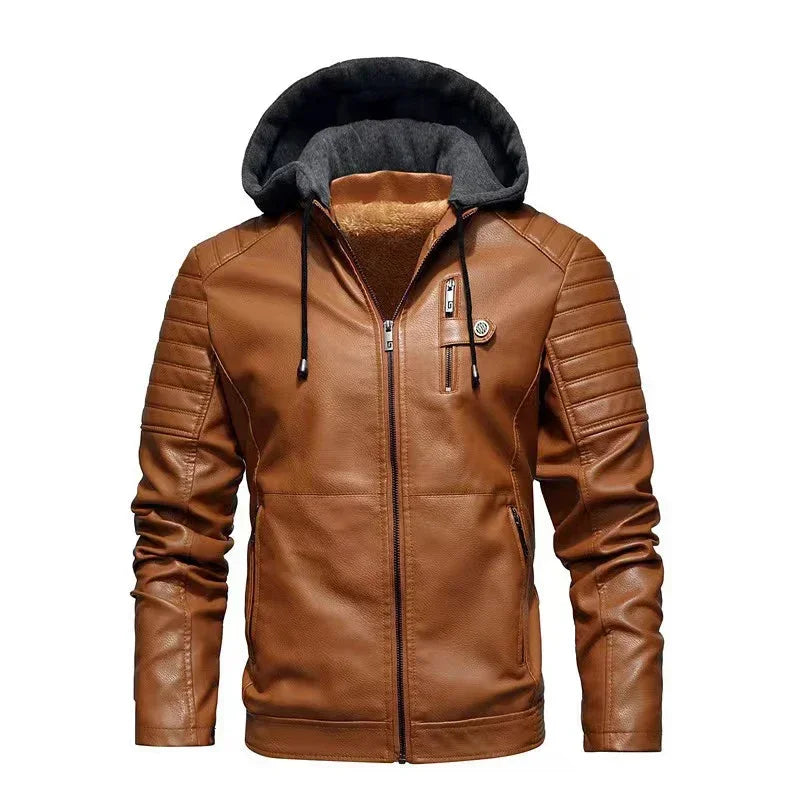 M&T Wear - Faux Leather Jacket Men Fashion Men's Hooded Jackets Autumn Winter Military Style Outwear Zipper Pockets Coat Detachable Hat