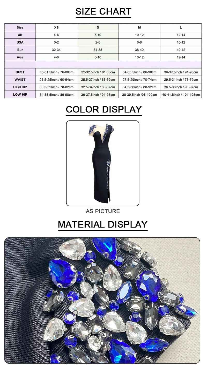 M&T Wear - VC Colorful Diamonds Bandage Long Dress Crystal Side Mesh