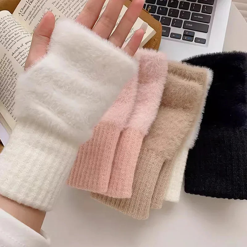 M&T Wear - Soft Winter Half Finger Gloves Women Warm Luxury Solid White Plush Knitted Fingerless Gloves Wrist Mittens Writting