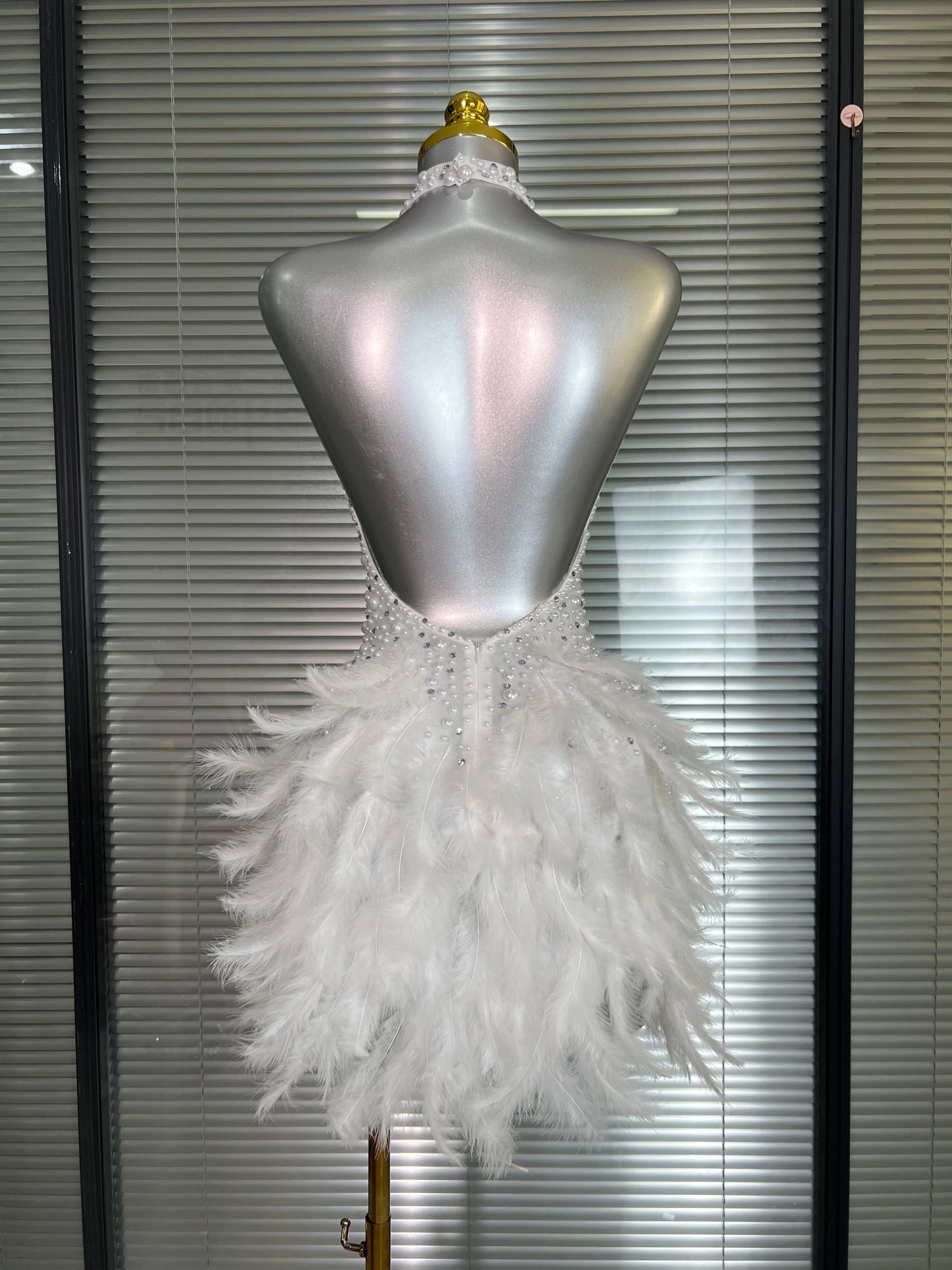 M&T Wear - Women Sexy White Backless Mesh Crystal Diamonds Feathers Performance Costume Stage Dancer Mini Stretchy Night Club Party Dress