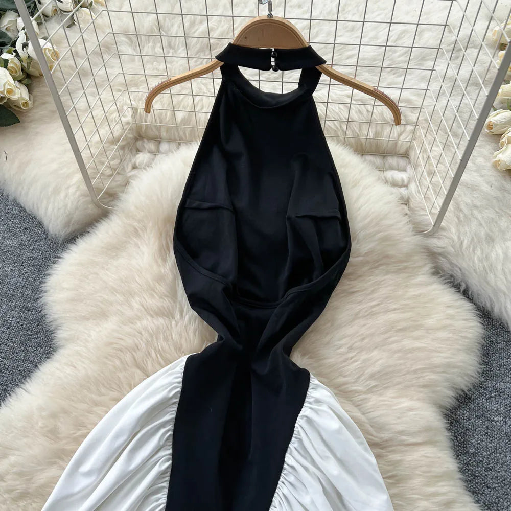 M&T Wear - American Sexy Halter Dress Female Sleeveless Backless Trendy Patchwork Irregular Long Dress