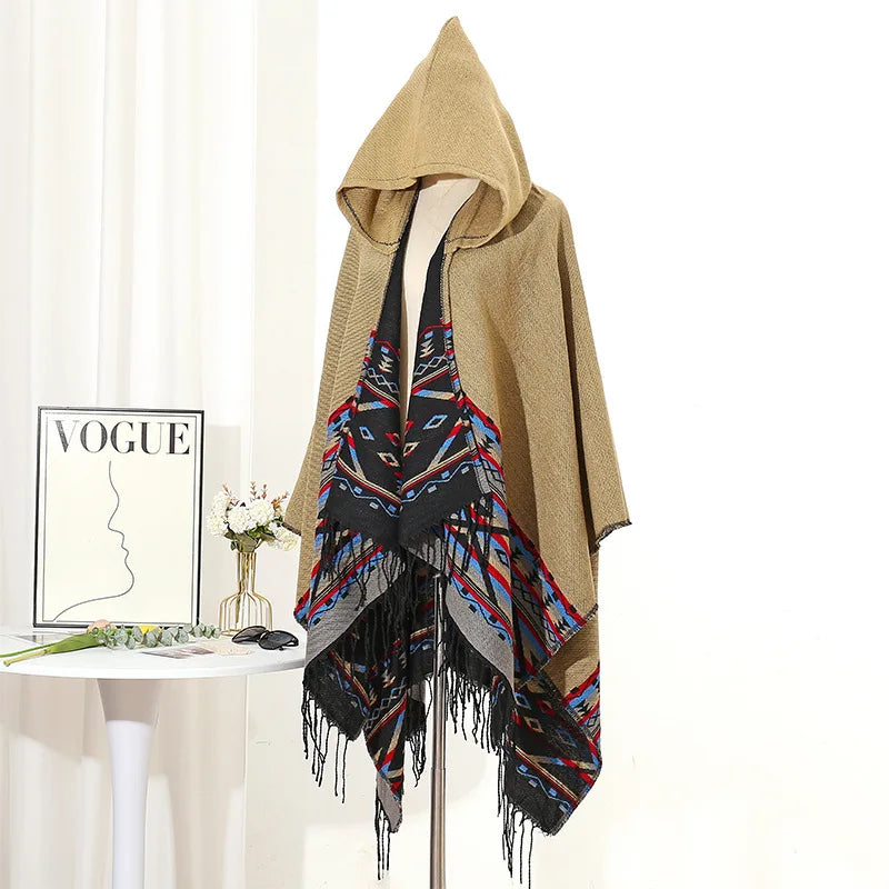 M&T Wear - Winter New Bohemian Shawl Men Ponchos Cashmere Blend Cape Coat Fringe Poncho Vintage Tassel Scarf Hooded Wraps Outwear