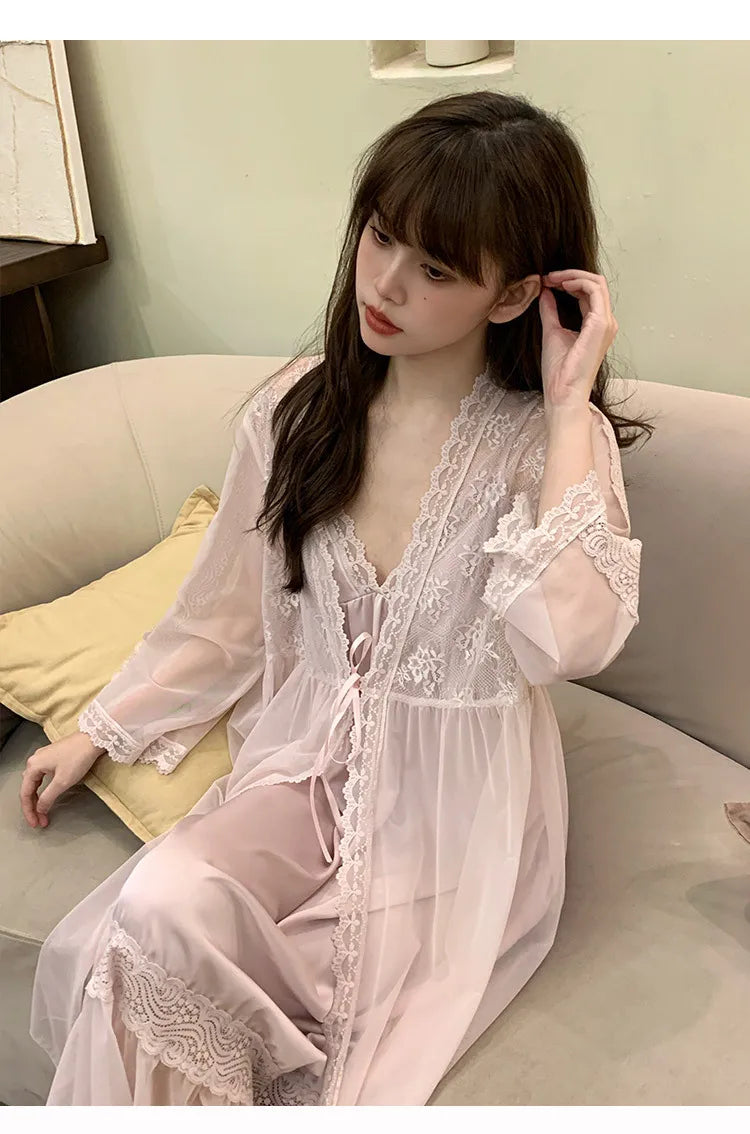 M&T Wear - Female Nighty & Robe Set Perspective Temptation Nightgown Intimate Lingerie Spring Summer Silk Satin Sleepwear Loose Home Dress