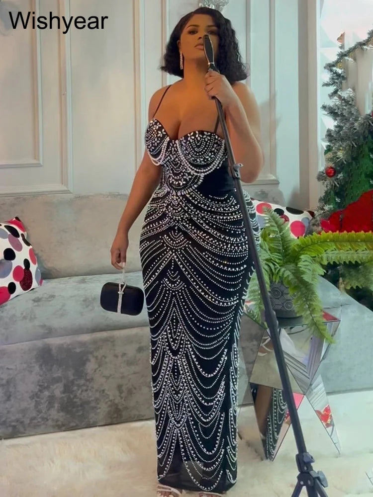 M&T Wear - New Luxury Sparkly Crystal Rhinestone Pearl Celebrities Gown Brown Dress Woman Strap Evening Party Birthday Prom Wedding Vestido