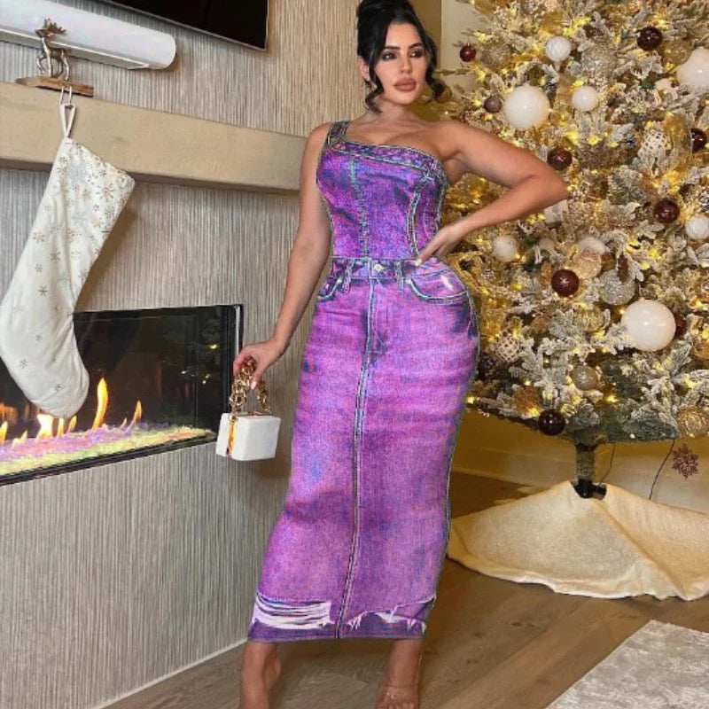 M&T Wear- Fake Denim 3D Print One Shoulder Bodycon Maxi Dress Women 2025 Party Night Sleeveless Clubwear Birthday Long Dresses Vestido