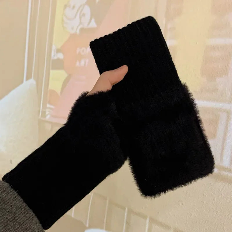 M&T Wear - Soft Winter Half Finger Gloves Women Warm Luxury Solid White Plush Knitted Fingerless Gloves Wrist Mittens Writting