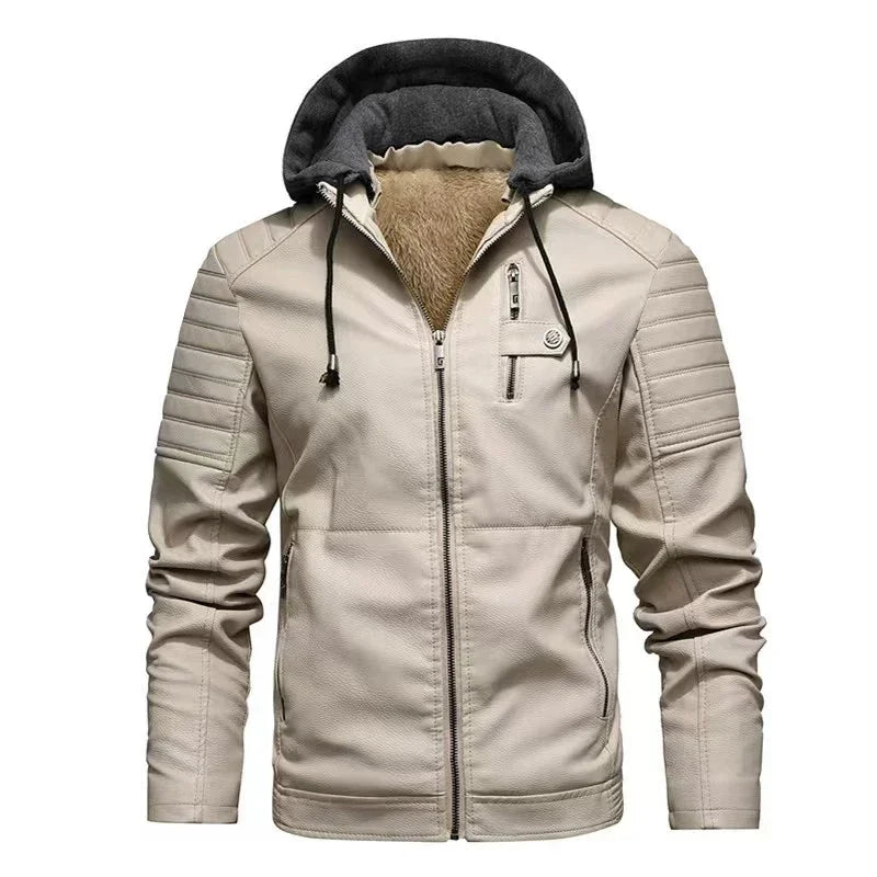 M&T Wear - Faux Leather Jacket Men Fashion Men's Hooded Jackets Autumn Winter Military Style Outwear Zipper Pockets Coat Detachable Hat
