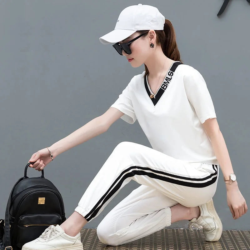 M&T Wear - Tracksuits Women 2 Pieces Sets Casual Short Sleeve V-Neck Pullover Tops Trousers Sportswear Suit 2025 New Elegant Female Clothes