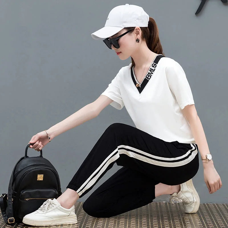 M&T Wear - Tracksuits Women 2 Pieces Sets Casual Short Sleeve V-Neck Pullover Tops Trousers Sportswear Suit 2025 New Elegant Female Clothes