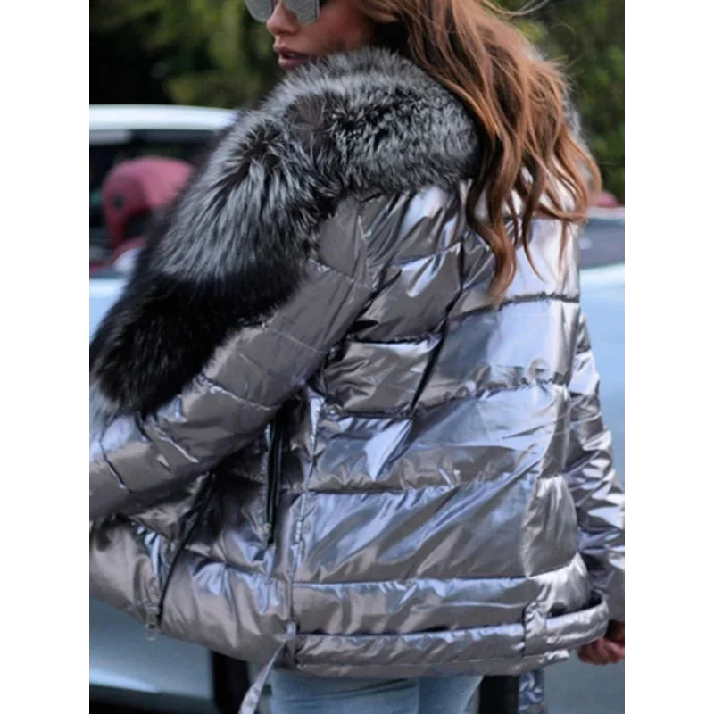 M&T Wear - Winter Coat Women Bright Surface Large Collar Short Down Cotton Jacket Punk Style Slim
