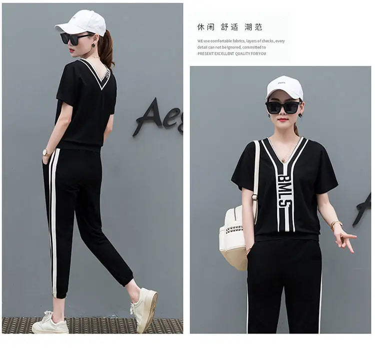 M&T Wear - Tracksuits Women 2 Pieces Sets Casual Short Sleeve V-Neck Pullover Tops Trousers Sportswear Suit 2025 New Elegant Female Clothes