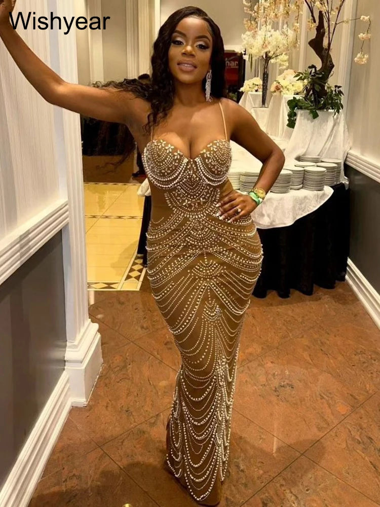 M&T Wear - New Luxury Sparkly Crystal Rhinestone Pearl Celebrities Gown Brown Dress Woman Strap Evening Party Birthday Prom Wedding Vestido