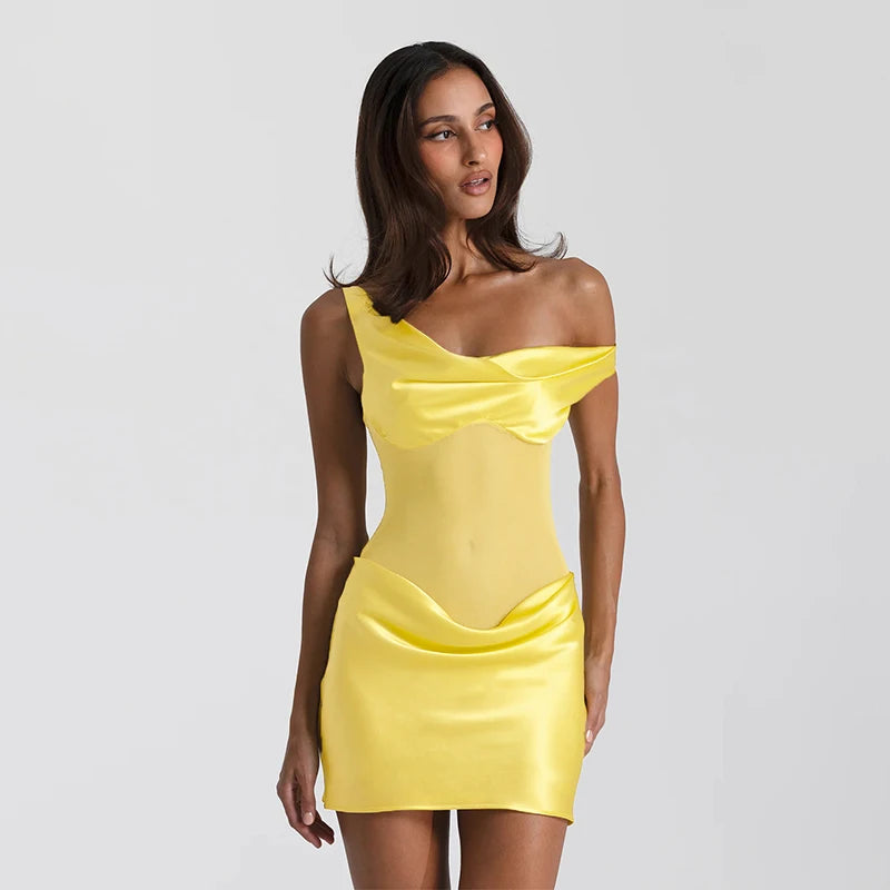 M&T Wear- Women's Summer New Arrival Faux Silk Patchwork Mesh Off-The-Shoulder Sleeveless Bodycon Dress Fashionable Elegant Dress