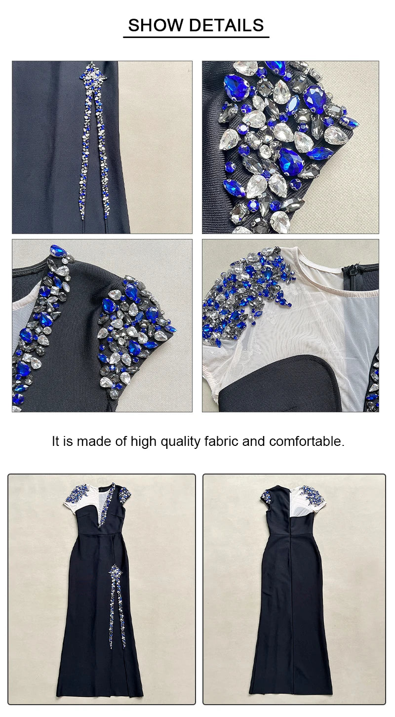 M&T Wear - VC Colorful Diamonds Bandage Long Dress Crystal Side Mesh