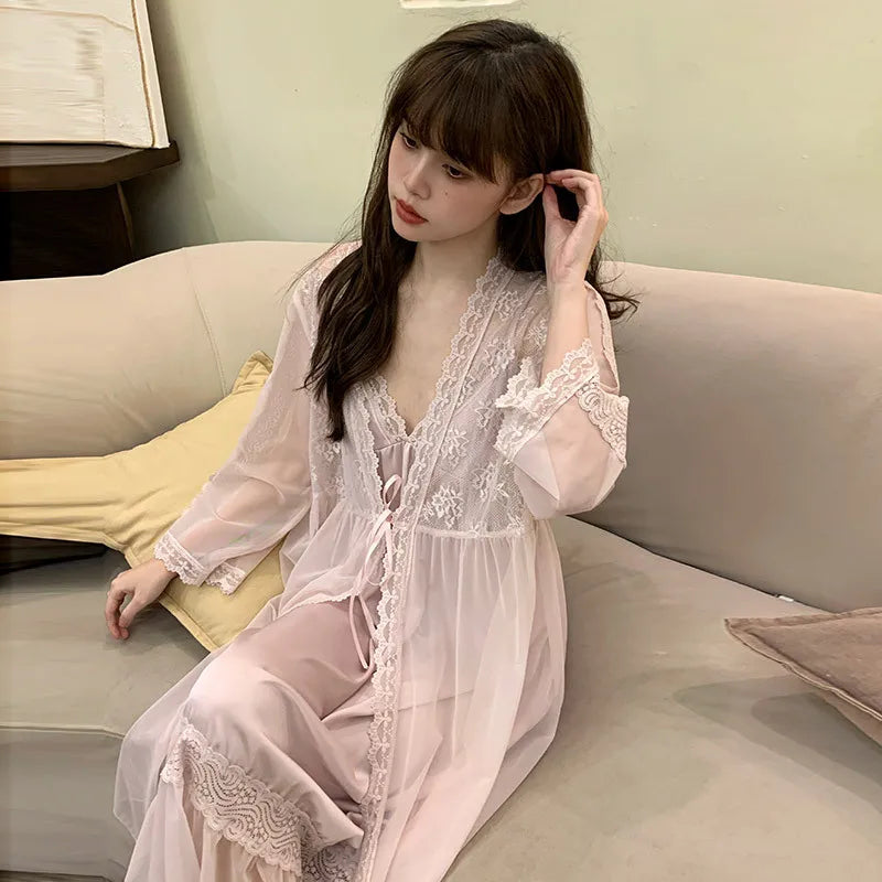 M&T Wear - Female Nighty & Robe Set Perspective Temptation Nightgown Intimate Lingerie Spring Summer Silk Satin Sleepwear Loose Home Dress