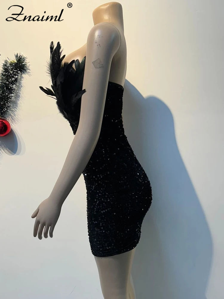 M&T Wear - Luxury Birthday Women’s Feathers Sequin Strapless Deep V-neck Black Bodycon Mini Dresses Sexy Club Party Night Prom Robe