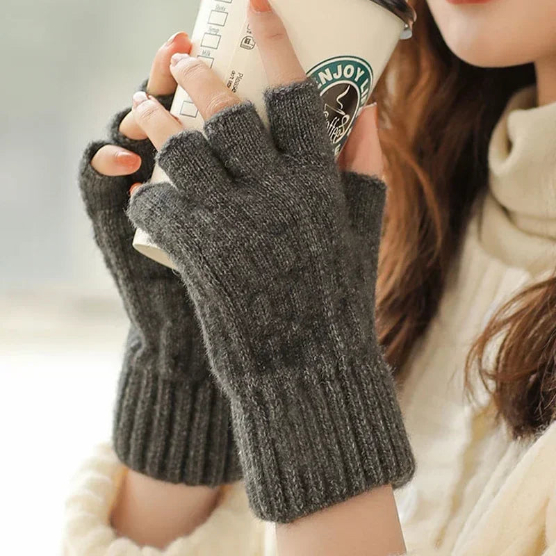 M&T Wear - Winter Gloves For Men Half Finger Writing Office Cycling Knitted Gloves Students Alpaca Wool Warm Thick Elastic Driving Gloves