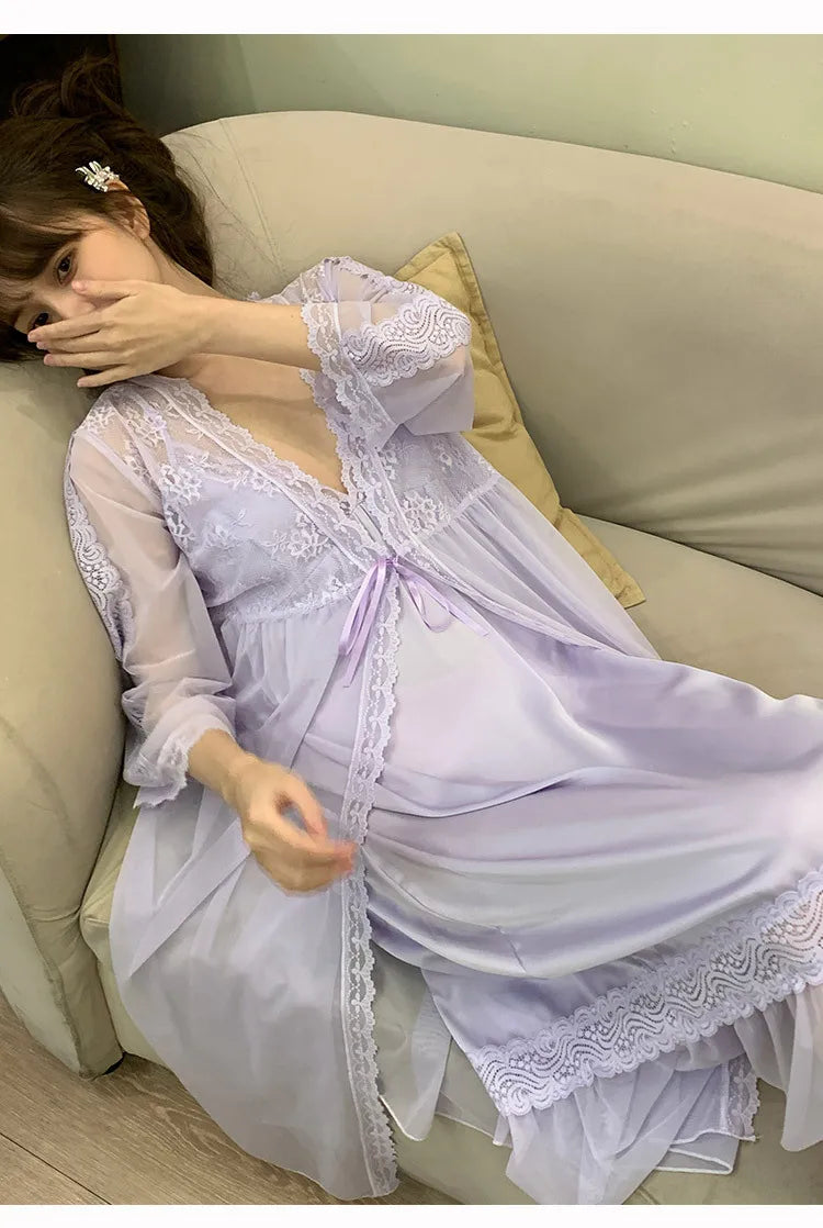 M&T Wear - Female Nighty & Robe Set Perspective Temptation Nightgown Intimate Lingerie Spring Summer Silk Satin Sleepwear Loose Home Dress