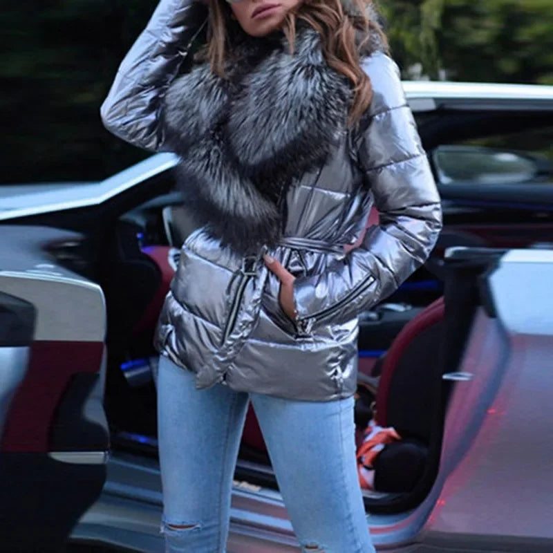 M&T Wear - Winter Coat Women Bright Surface Large Collar Short Down Cotton Jacket Punk Style Slim