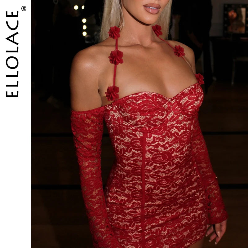 M&T Wear - Fancy Lace Summer Dresses 2025 Flare Sleeve Short Elegant Party Dresses Red Halter FloralLove Luxury Prom Dress