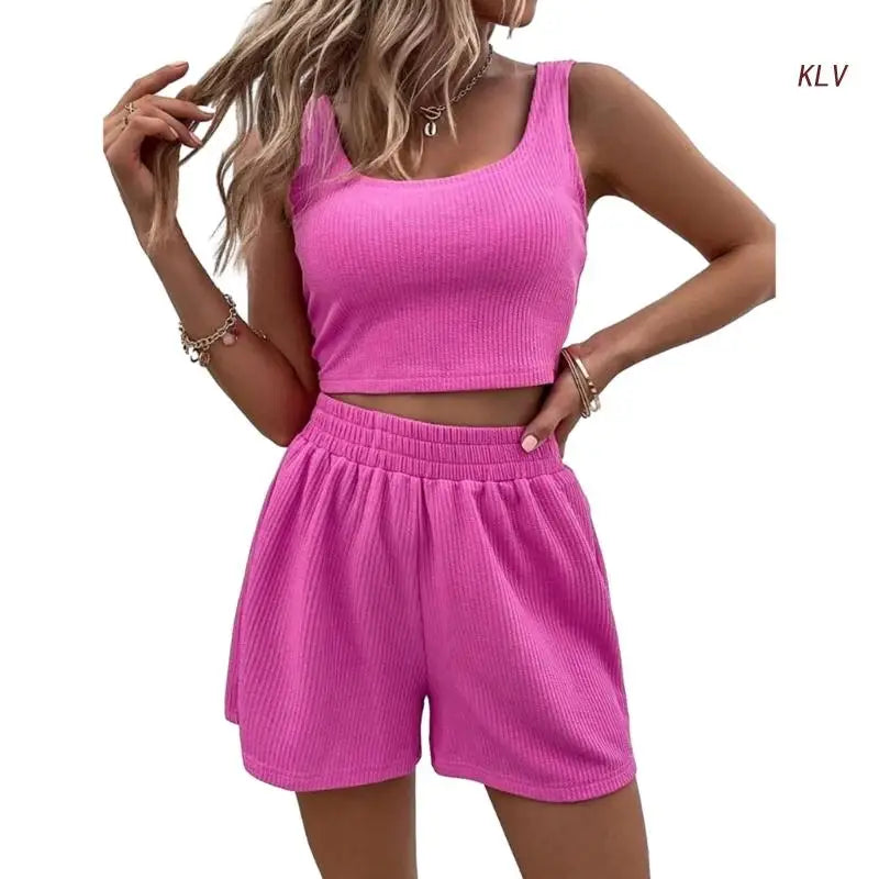 M&T Wear - Women Tracksuit Set 2 Piece Two Piece Outfits For Women Sexy Shorts Set Ribbed Top And Shorts Set Lounge Set