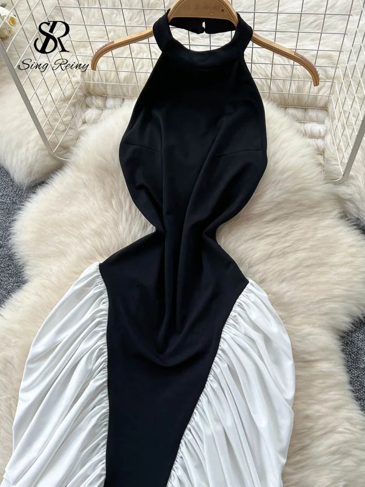 M&T Wear - American Sexy Halter Dress Female Sleeveless Backless Trendy Patchwork Irregular Long Dress