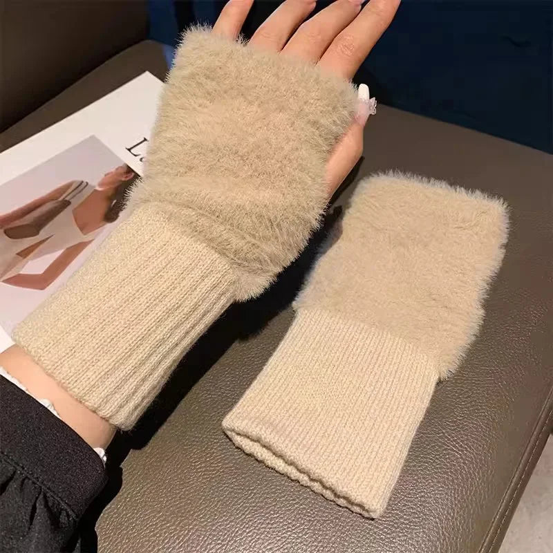 M&T Wear - Soft Winter Half Finger Gloves Women Warm Luxury Solid White Plush Knitted Fingerless Gloves Wrist Mittens Writting