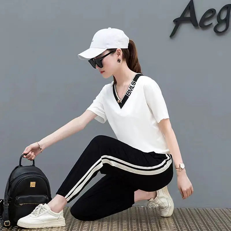 M&T Wear - Tracksuits Women 2 Pieces Sets Casual Short Sleeve V-Neck Pullover Tops Trousers Sportswear Suit 2025 New Elegant Female Clothes