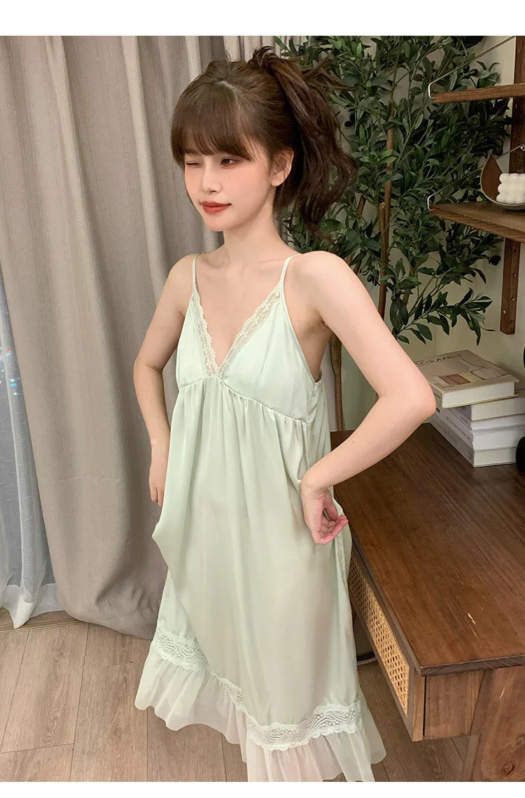M&T Wear - Female Nighty & Robe Set Perspective Temptation Nightgown Intimate Lingerie Spring Summer Silk Satin Sleepwear Loose Home Dress