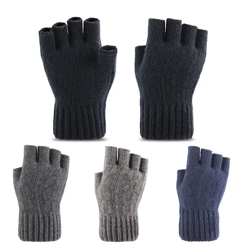 M&T Wear - Winter Gloves For Men Half Finger Writing Office Cycling Knitted Gloves Students Alpaca Wool Warm Thick Elastic Driving Gloves