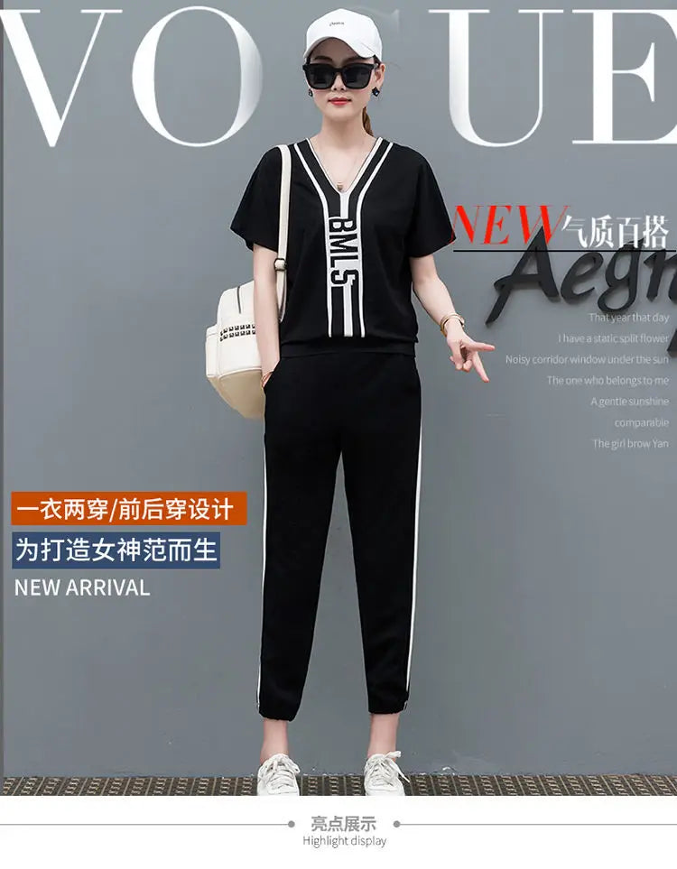 M&T Wear - Tracksuits Women 2 Pieces Sets Casual Short Sleeve V-Neck Pullover Tops Trousers Sportswear Suit 2025 New Elegant Female Clothes